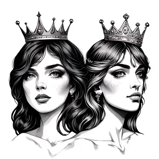 Gemini two women outlining of their face wearing two different crowns minimalist tattoo tattoo design idea