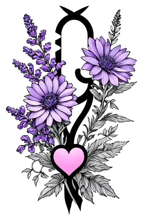 Arm sleeve with lavender flowers, gemini sign, and hearts tattoo design idea