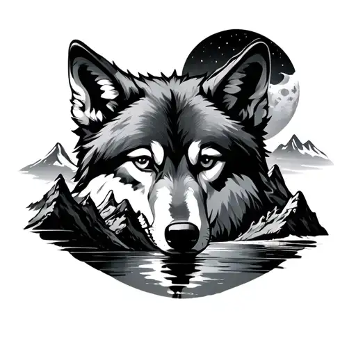Make a landscape in the dark in which a wolf is seen, the moon reflects its light and mountains in the background tattoo design idea