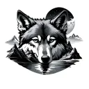Make a landscape in the dark in which a wolf is seen, the moon reflects its light and mountains in the background tattoo design idea