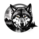 Make a landscape in the dark in which a wolf is seen, the moon reflects its light and mountains in the background tattoo design idea