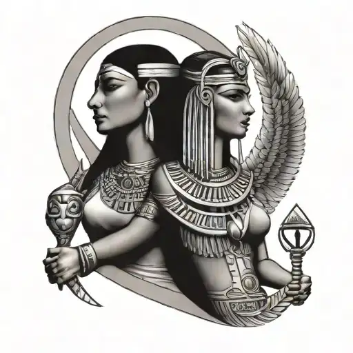 Cleopatra and the goddess Isis and sigil symbols intertwined tattoo design idea
