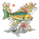 Mahi Mahi jumping out of japanese style water in front of a sunset. hibiscus and peony flowers  tattoo design idea