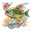 Mahi Mahi jumping out of japanese style water in front of a sunset. hibiscus and peony flowers  tattoo design idea