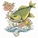Mahi Mahi jumping out of japanese style water in front of a sunset. hibiscus and peony flowers  tattoo design idea