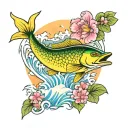Mahi Mahi jumping out of japanese style water in front of a sunset. hibiscus and peony flowers  tattoo design idea