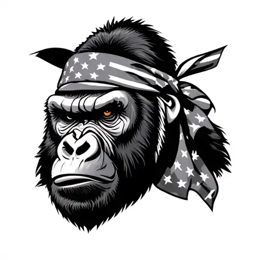 angry gorilla face with american flag bandana on jead tattoo design idea