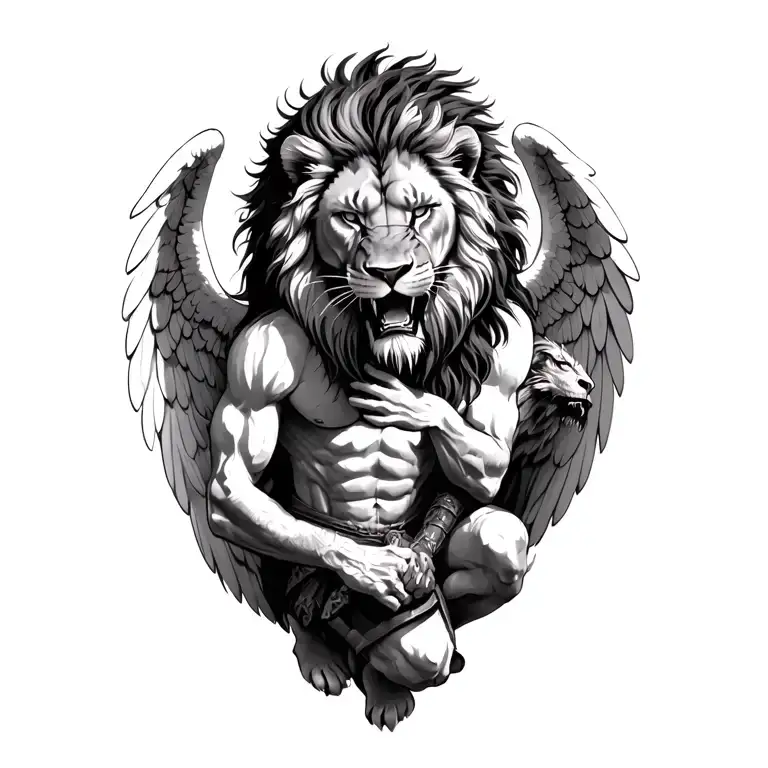 male lion with scare face and mane hair fading into an warrior angel kneeling down tattoo design idea