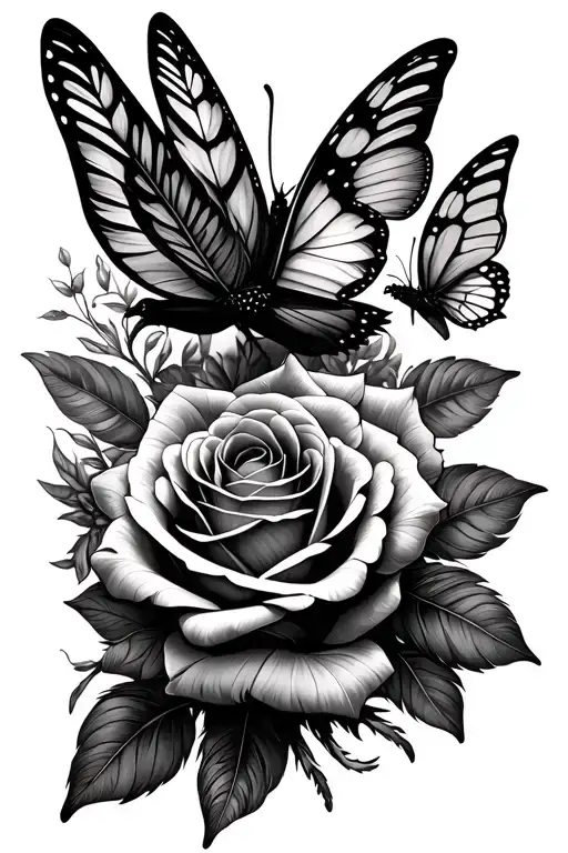 roses with bird feathers and butterflies  tattoo design idea