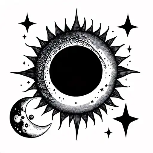 sun tattoo with semi colon on top and small stars and moon on the bottom with subtle ikigai japanese tattoo design idea