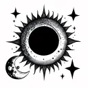 sun tattoo with semi colon on top and small stars and moon on the bottom with subtle ikigai japanese tattoo design idea