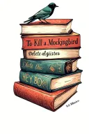 stacked books with to kill a mockingbiord theme, include the words delete the adjectives and Hey Boo tattoo design idea