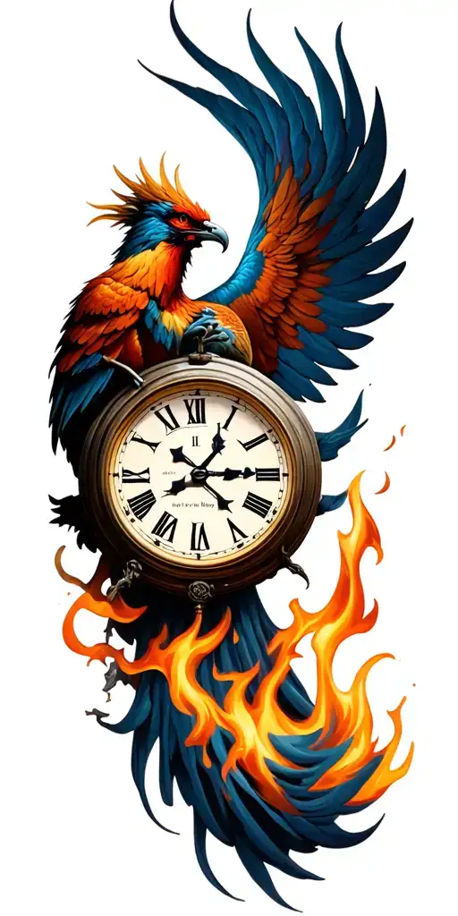 "I used to thrive in insanity " "I used to thrive in insanity " phoenix on fire rising, clock at 1pm  tattoo design idea