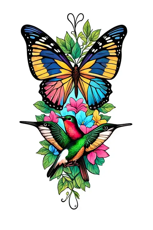 men's butterfly tatttoo with 2 humming birds inside the butterfly's wings  tattoo design idea