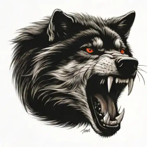 black with red eyes wolf showing teeth tattoo design idea