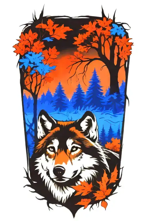 wolf blue eyes forest landscape tattoo design idea
