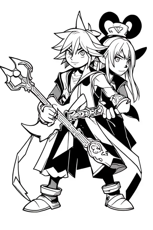 kingdom hearts, sora, kairi, riku, donald, goofy, heartless, keyblades tattoo design idea