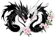 Two black and white intertwined dragons, with the imouto symbol, with sakura flowers around tattoo design idea