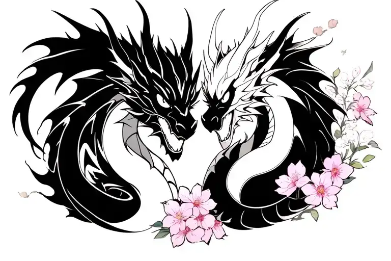 Two black and white intertwined dragons, with the imouto symbol, with sakura flowers around tattoo design idea