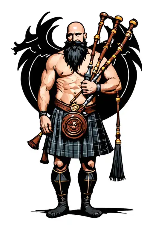 shirtless muscular bagpiper bald black beard playing bagpipes black background tattoo design idea