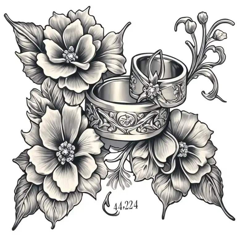 wedding date 04/24/24 silver wedding rings flowers intertwined tattoo design idea