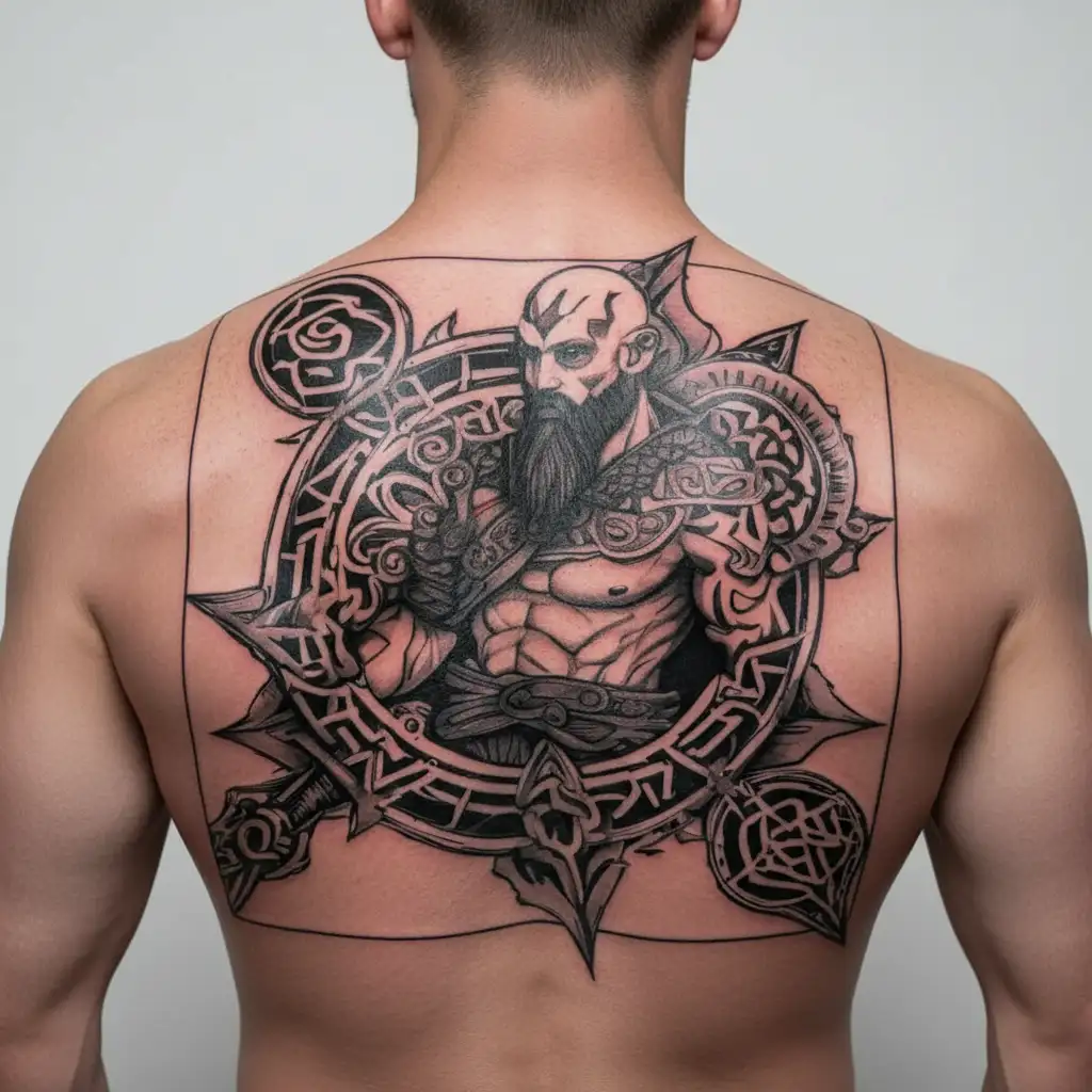 Kratos, god of war, symbols, runes, mandala tattoo design idea