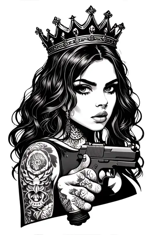 Girl with tattoo and crown, gun and knuckle duster. In black and white tattoo design idea