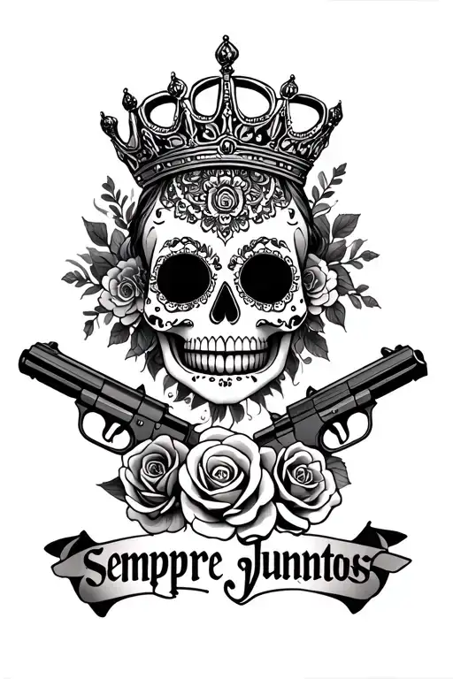 mandala boss lady sugar skull with a crown and a rose also two guns with the words sempre juntos tattoo design idea