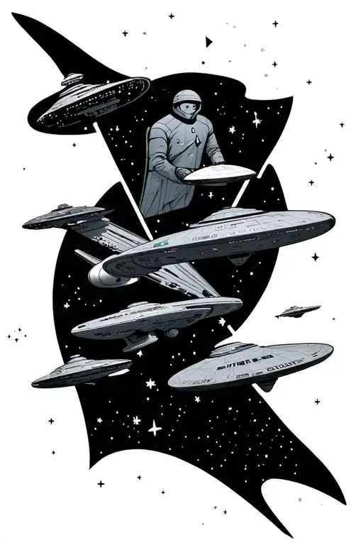 full sleeve tattoo with all different star ships from the star trek universe  make some just sitting tattoo design idea