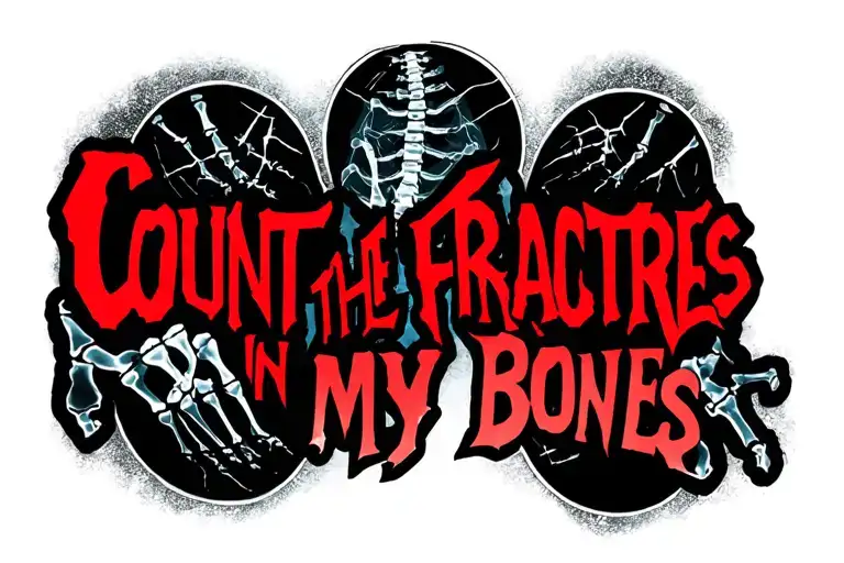The text" count the fractures in my bones" in a bold font and an image of broken bones on an xray tattoo design idea