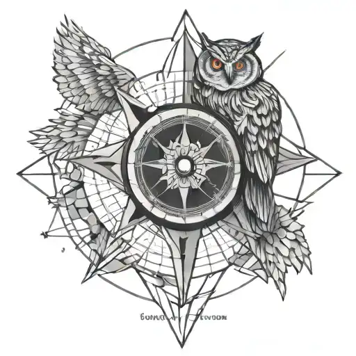 compass rose with owl with geometric world map. tattoo design idea