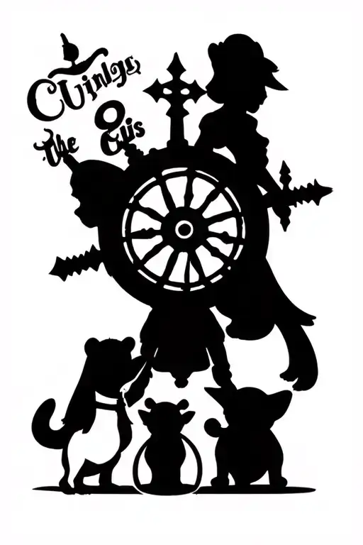 Cinderella, chip, gus Gus, Pocahontas, a pirate wheel, Winnie the Pooh, piglet and baby yoda in it tattoo design idea