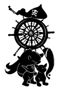 Cinderella, chip, gus Gus, Pocahontas, a pirate wheel, Winnie the Pooh, piglet and baby yoda in it tattoo design idea