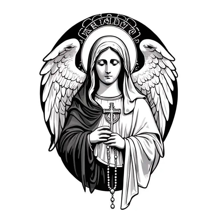 virgin mary with rosary and weeping angel holding her  tattoo design idea