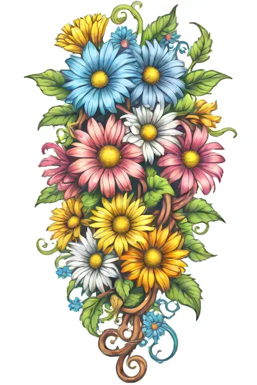 Colorful daisies  intertwined around a vine tattoo design idea