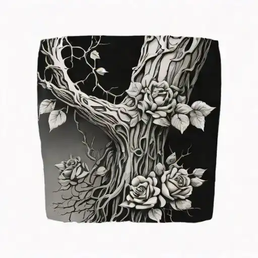 Ruined old wall, roses, tree roots tattoo design idea