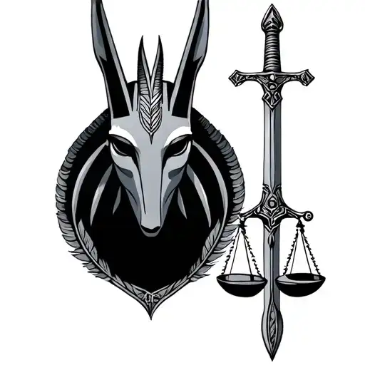 Anubis with Libra on which a sword and a feather tattoo design idea