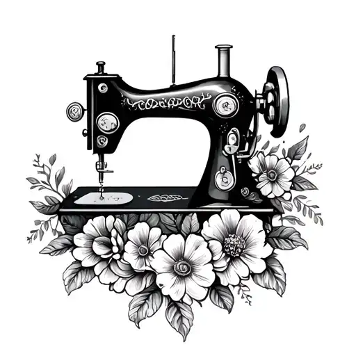vintage sewing machine with flowers blooming tattoo design idea