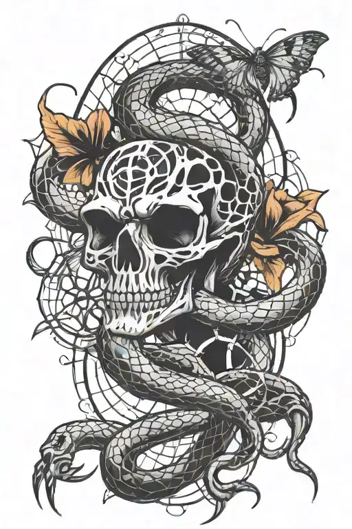 generate a tattoo in an old school style that would be combined with a tattoo of a snake and a spider web tattoo design idea