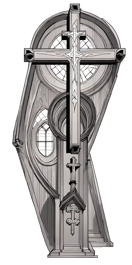 The inside of a catholic church with an upside down cross tattoo design idea