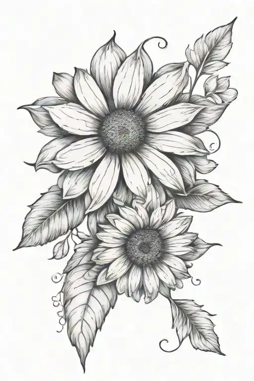 black and white tattoo, on the back, a daisy or a flower tattoo design idea