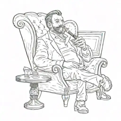 Bulky guy sitting in a armchair smoking a cigar and reading a book. Next to him its a glass of whiskey in a small table tattoo design idea