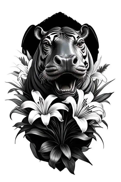 hippo surrounded by tiger lilies wrapped tattoo design idea