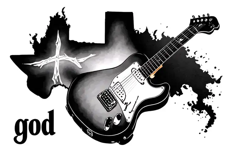 Create a tattoo for the inner bicep of a cross with a guitar leaned on it involving Texas in some way and the words god  tattoo design idea
