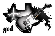 Create a tattoo for the inner bicep of a cross with a guitar leaned on it involving Texas in some way and the words god  tattoo design idea