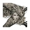 arm sleeve tattoo realism with dragon and cherry blossoms and fairy tail details   tattoo design idea
