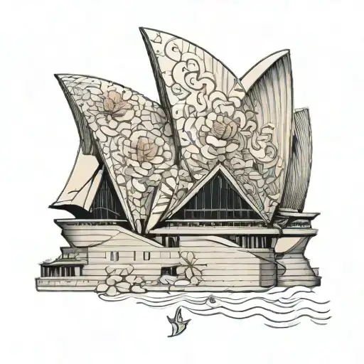 side view of sydney opera house with aborinal flowers tattoo design idea