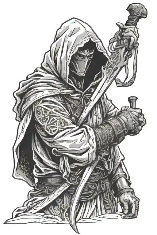 cloaked hoodied man with resting broadsword on shoulder tattoo design idea