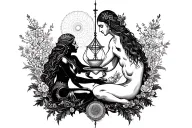 A tattoo design combining elements of kama sutra and alchemy, symbolizing the balance between physical and spiritual love tattoo design idea