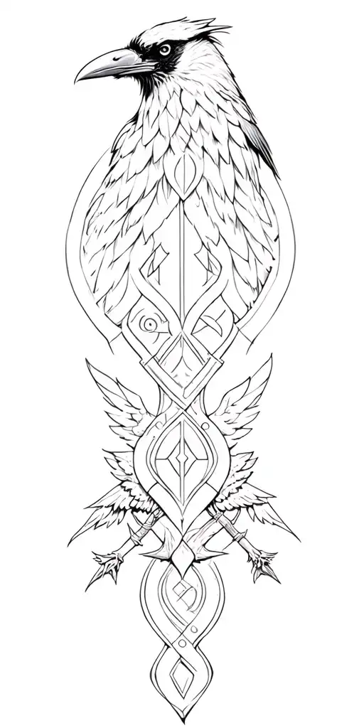 Viking style, crow at the top of sleeve, Viking symbols for warrior and strength, crow at bottom of sleeve tattoo design idea